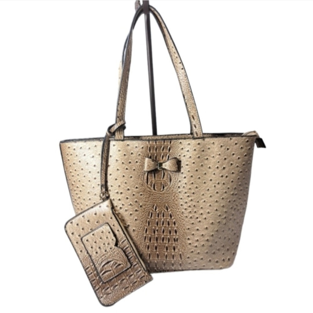 Deluxity Women's Handbag Ostrich Faux Leather Taupe/Brown 2-piece Set Tote Bag